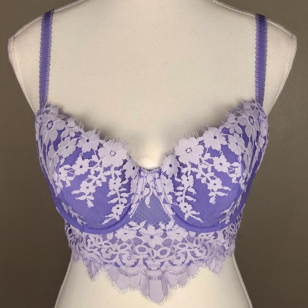 Victorias Secret Dream Angels Purple Floral Lace Longline Demi Bra 36C Zip Back